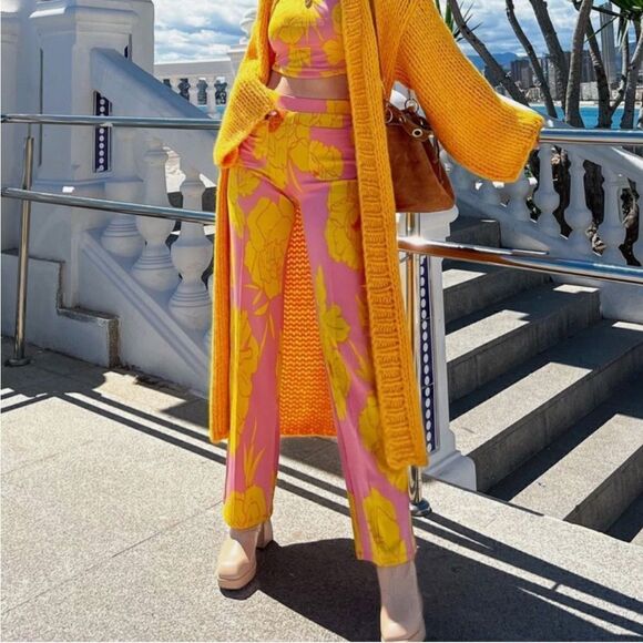 Zara pink yellow floral retro 60’s pull on pants high rise medium m - Picture 1 of 7